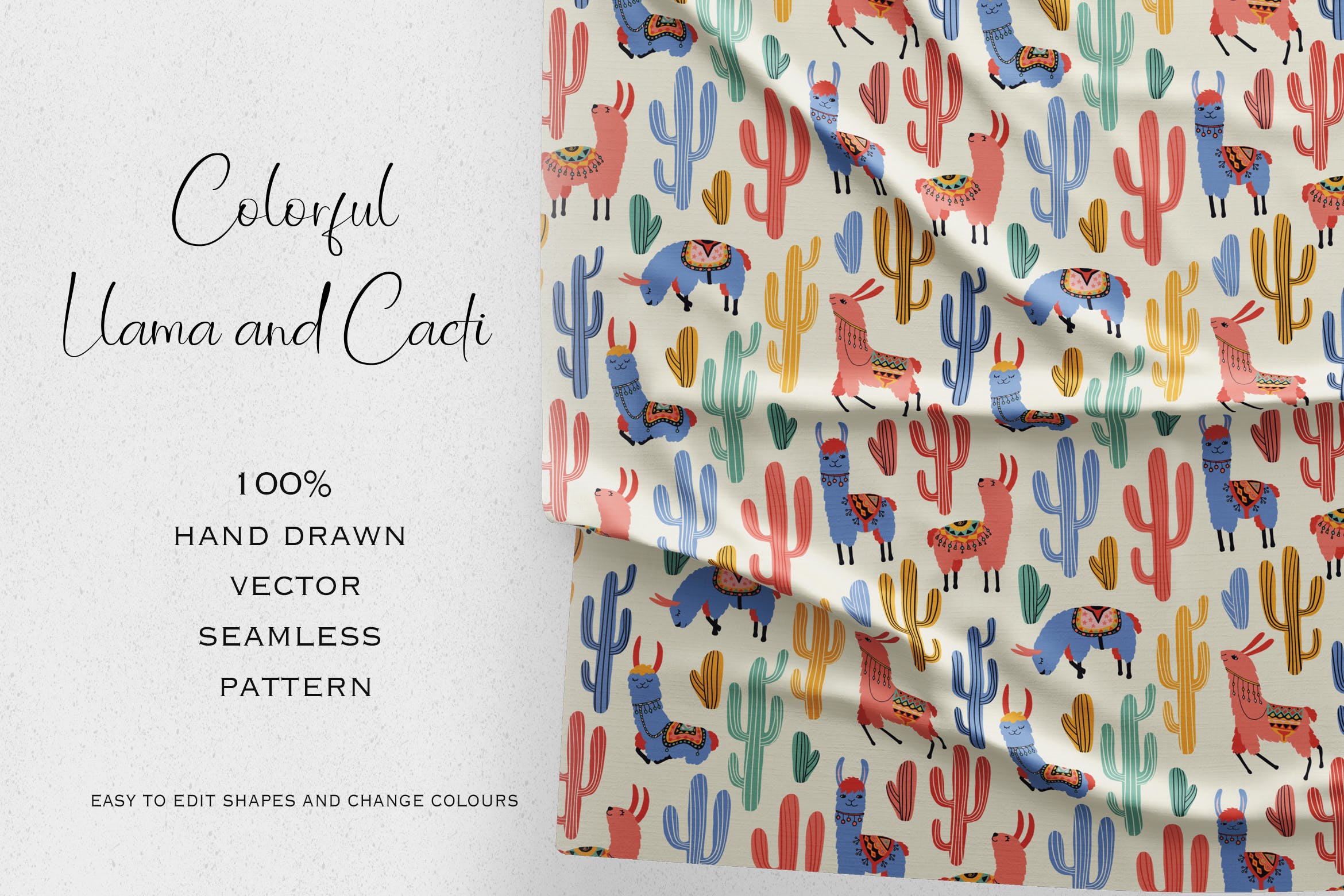 五颜六色的美洲驼和仙人掌手绘图案无缝贴图素材 Colourful Llama and Cacti插图