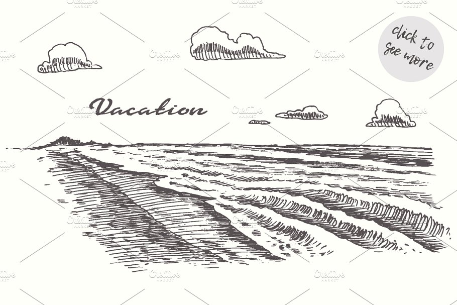 海边日落素描矢量图形 Set of sketches of seaside views插图(1)