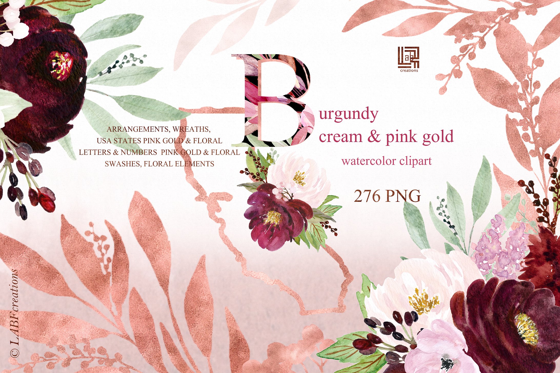 勃艮第奶油和金粉色水彩花卉剪贴画 Burgundy cream & gold pink flowers插图(4)