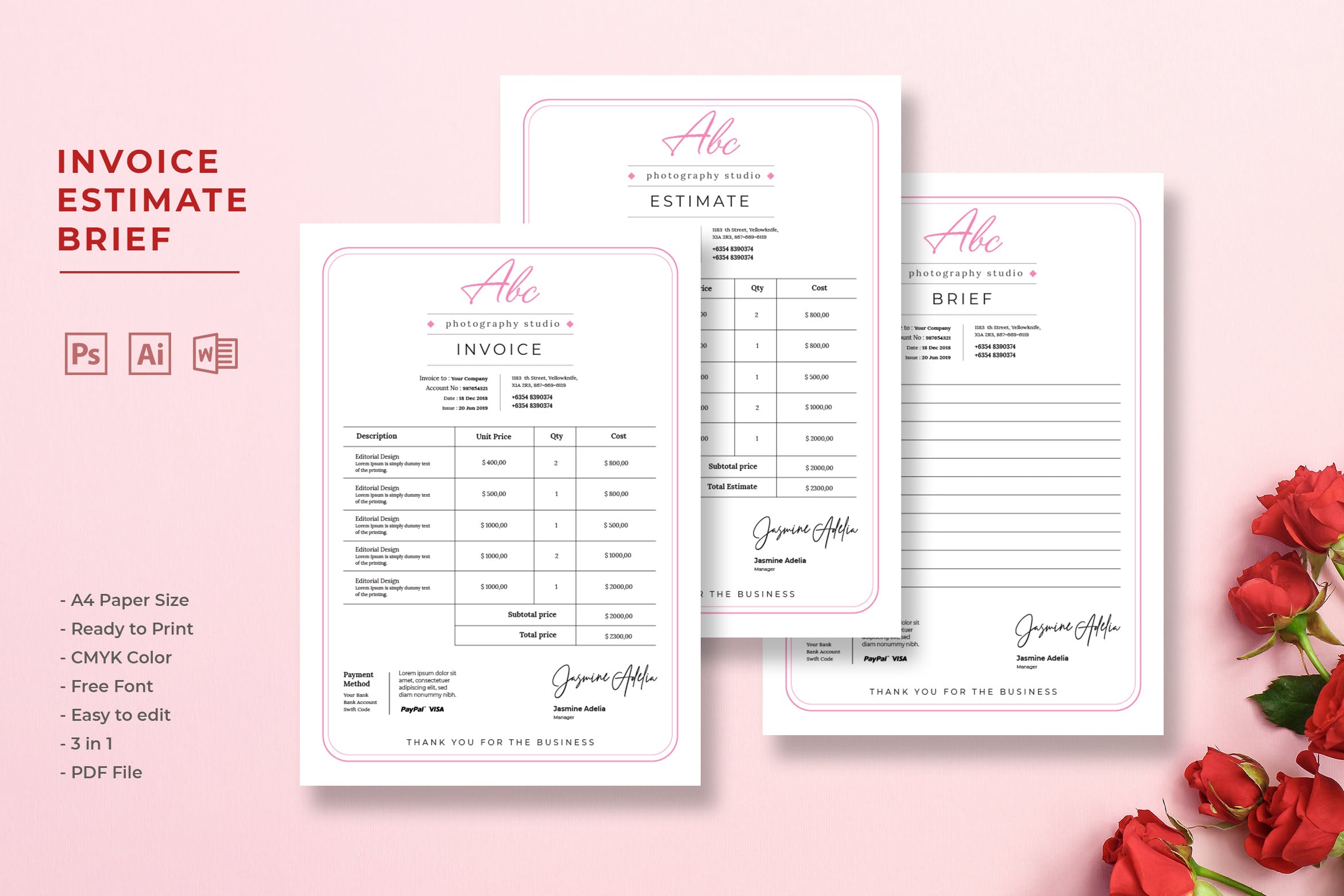 简约版式企业发票/预算表/报价表设计模板 Invoice Estimate Brief插图