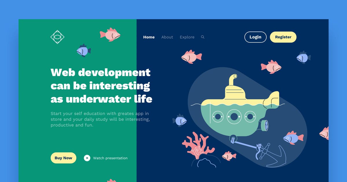 网站着陆页设计潜艇手绘场景插画素材 Submarine Landing Page Illustrations插图