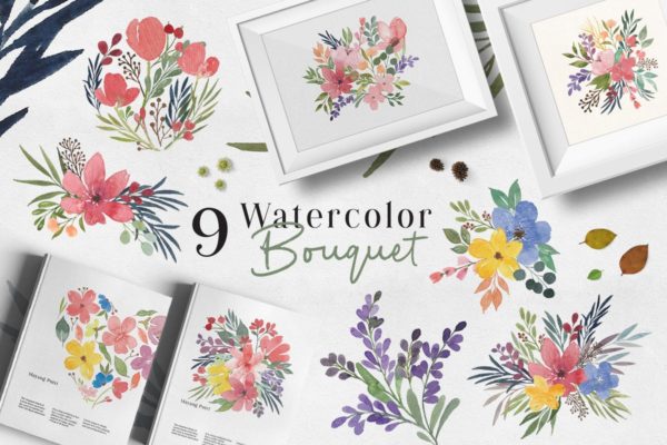 婚礼水彩花束图案设计 Ofi 9 Watercolor Bouquet Graphic