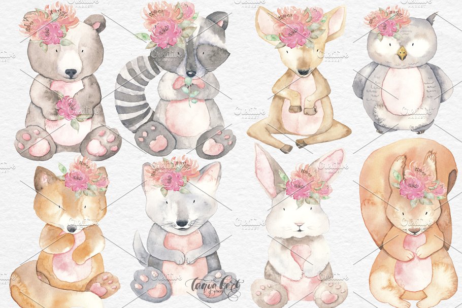 水彩动物和花卉剪贴画 Watercolor Animals, Flowers Clipart插图(3)