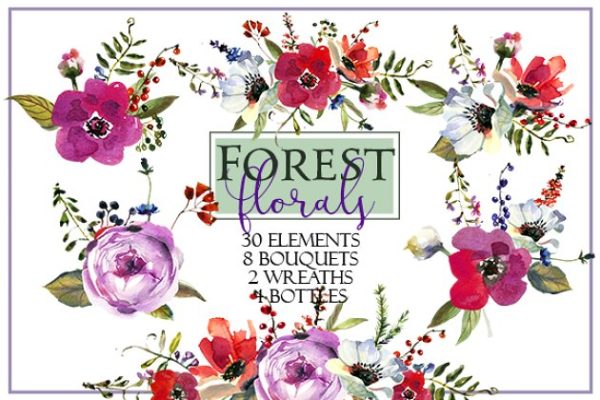 粉色紫罗兰色水彩花卉素材集 Watercolor Pink Purple Florals Set