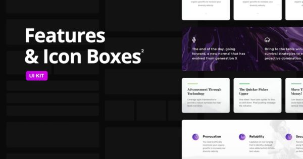 CMS内容管理系统网站UI设计套件 Features &amp; Icon Boxes Set 2 – Multi-Format UI KIT