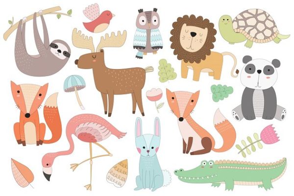 可爱的手绘动物矢量图形 Cute Animal Vector &amp; PNG Clipart Set