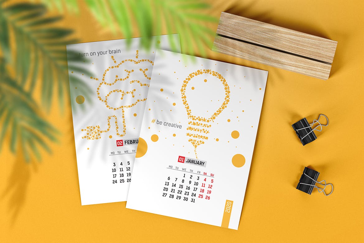 2020年木制台历日历表设计效果图样机 Desk Calendar With Wooden Stand Mockup插图(3)