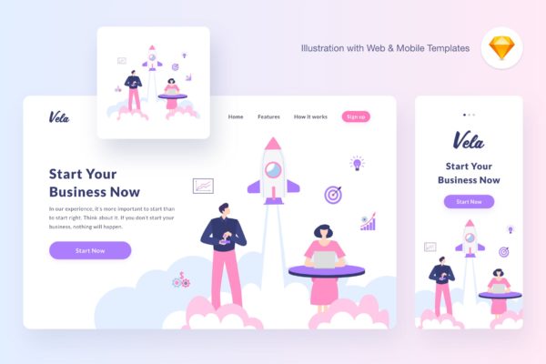 项目启动/企业发展矢量素材库精选概念插画 Vela startup illustration (Sketch, SVG)