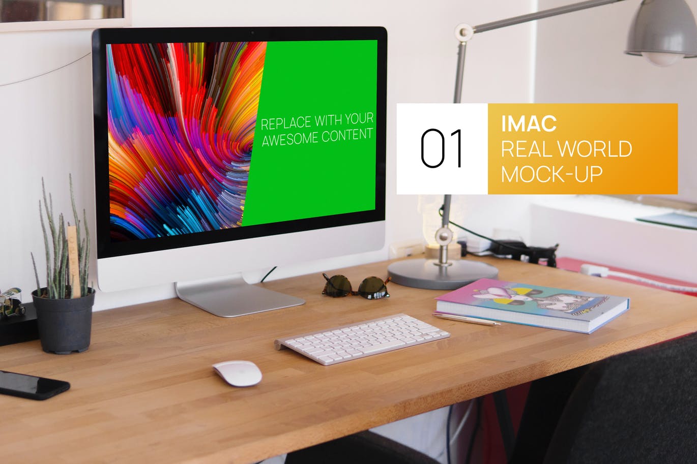 简约实木办公桌场景27寸iMac一体机电脑素材库精选样机 Wooden Desk iMac 27 Real World Mock-up插图
