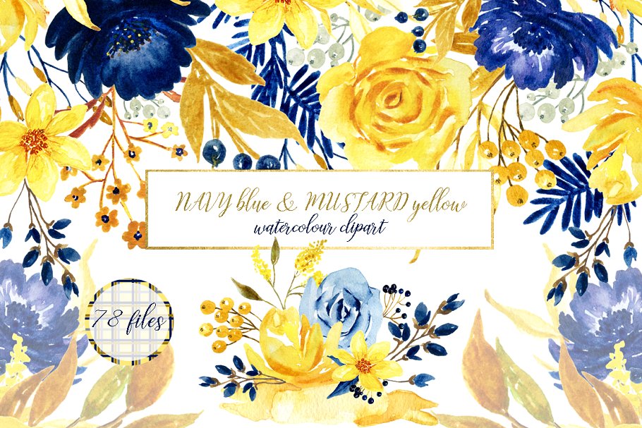 海军蓝&芥末黄水彩花卉插画素材 Navy blue & mustard yellow flowers插图(3)
