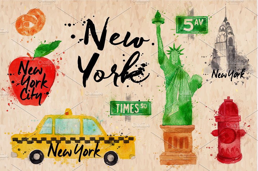 美国纽约特征标志插画 New York Symbols插图(1)