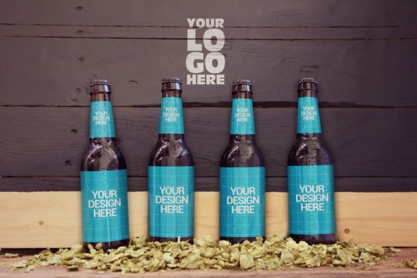 木墙场景啤酒瓶外包装设计样机模板 Wood Wall Malt Ingredient 4 in 1