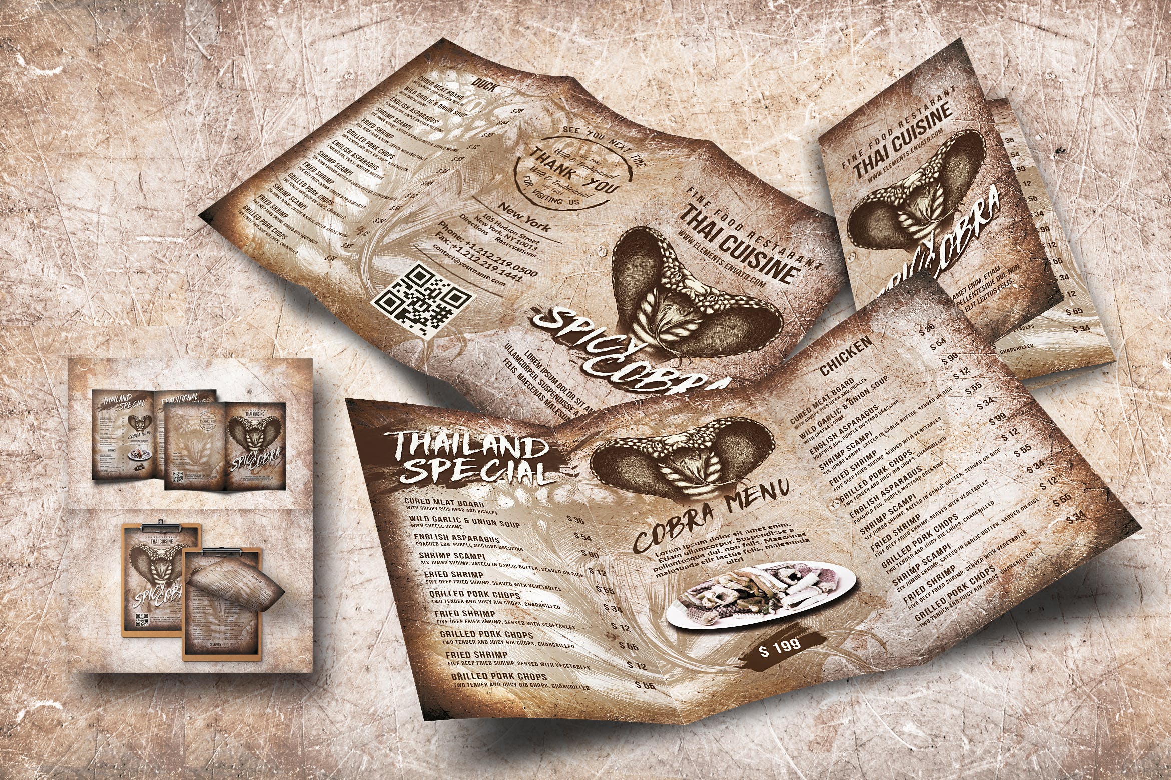 泰国特色菜餐馆菜单设计模板合集 Spicy Cobra Thai Food Menu Bundle插图