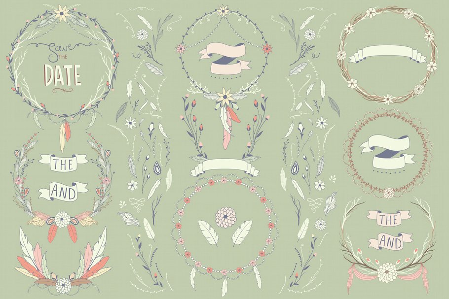 波西米亚风花环&印花剪贴画系列 Boho Wreaths & Florals Collection插图
