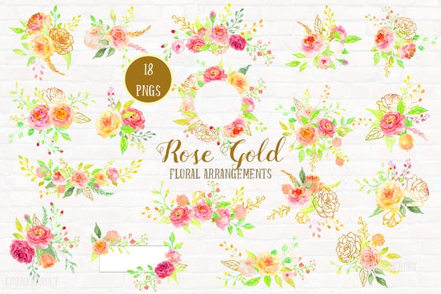 玫瑰金水彩花卉设计素材套装 Watercolor Design Kit Rose Gold插图(1)