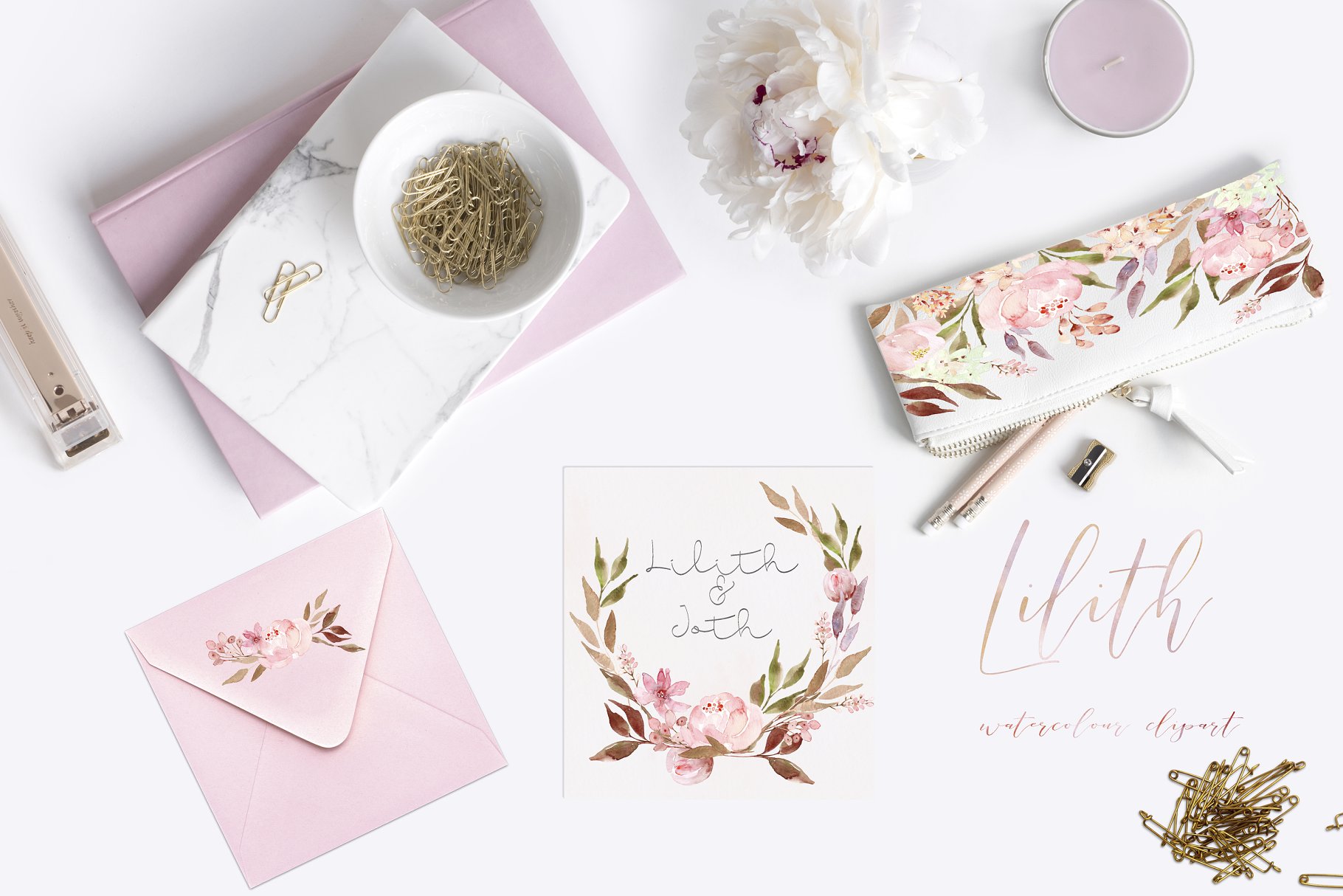 粉色水彩花卉剪贴画 Lilith. Pink watercolour flowers插图(7)