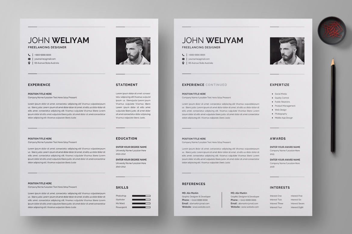 方形大头贴照片现代简约履历表版式设计模板 Professional and Clean Resume Template插图(1)