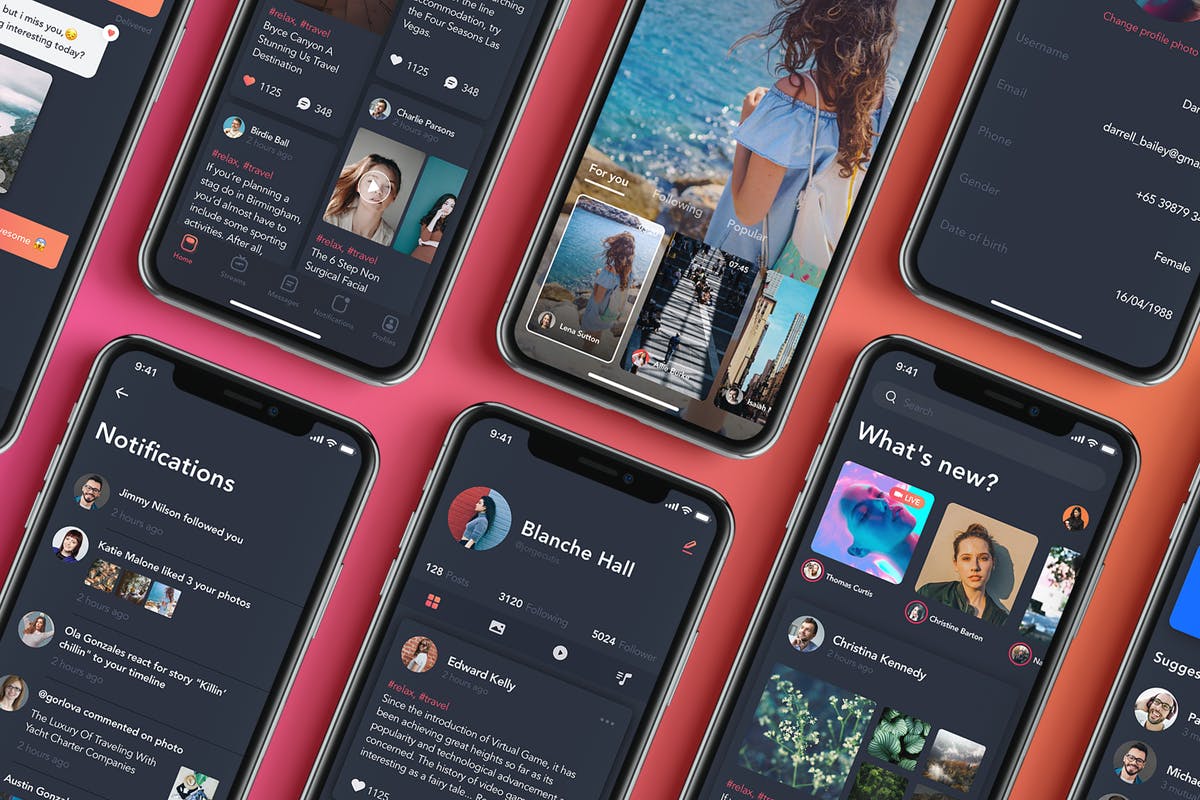 酷黑设计风格社交APP手机应用UI设计套装 Social Mobile UI Kit_Dark Theme插图