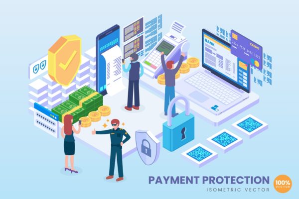 支付安全技术等距矢量素材库精选概念插画素材 Isometric Payment Protection Technology Vector