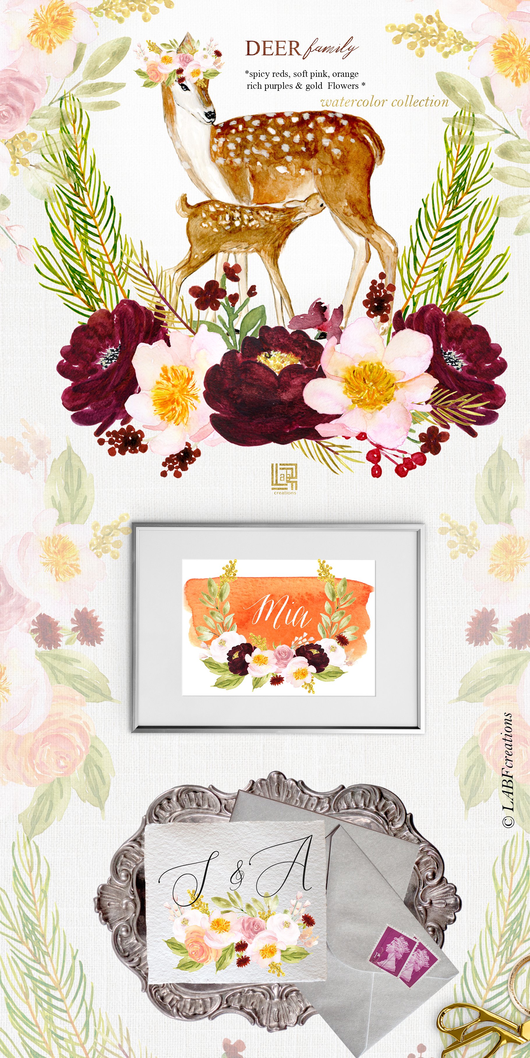 鹿家族/香辣红/橙金水彩手绘剪贴画 Deer family. Spicy red, orange gold插图(4)