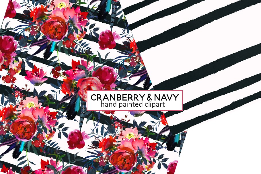 红色海军蓝波希米亚水彩花卉剪贴画 Red Navy Boho Watercolor Flowers插图(10)