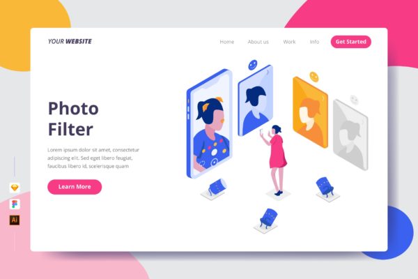 照片过滤器矢量插画网站着陆页设计素材库精选模板 Photo Filter – Landing Page