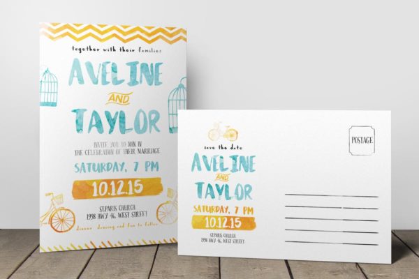 水彩元素明信片邀请函套装模板 Watercolor Postcard Invitation