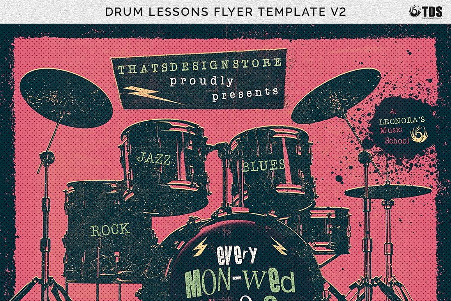 架子鼓培训宣传海报PSD模板 Drum Lessons Flyer PSD V2插图(6)