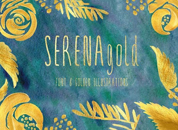 一款独特手写字体及手绘黄金花元素 SERENA gold. Font &amp; golden flowers