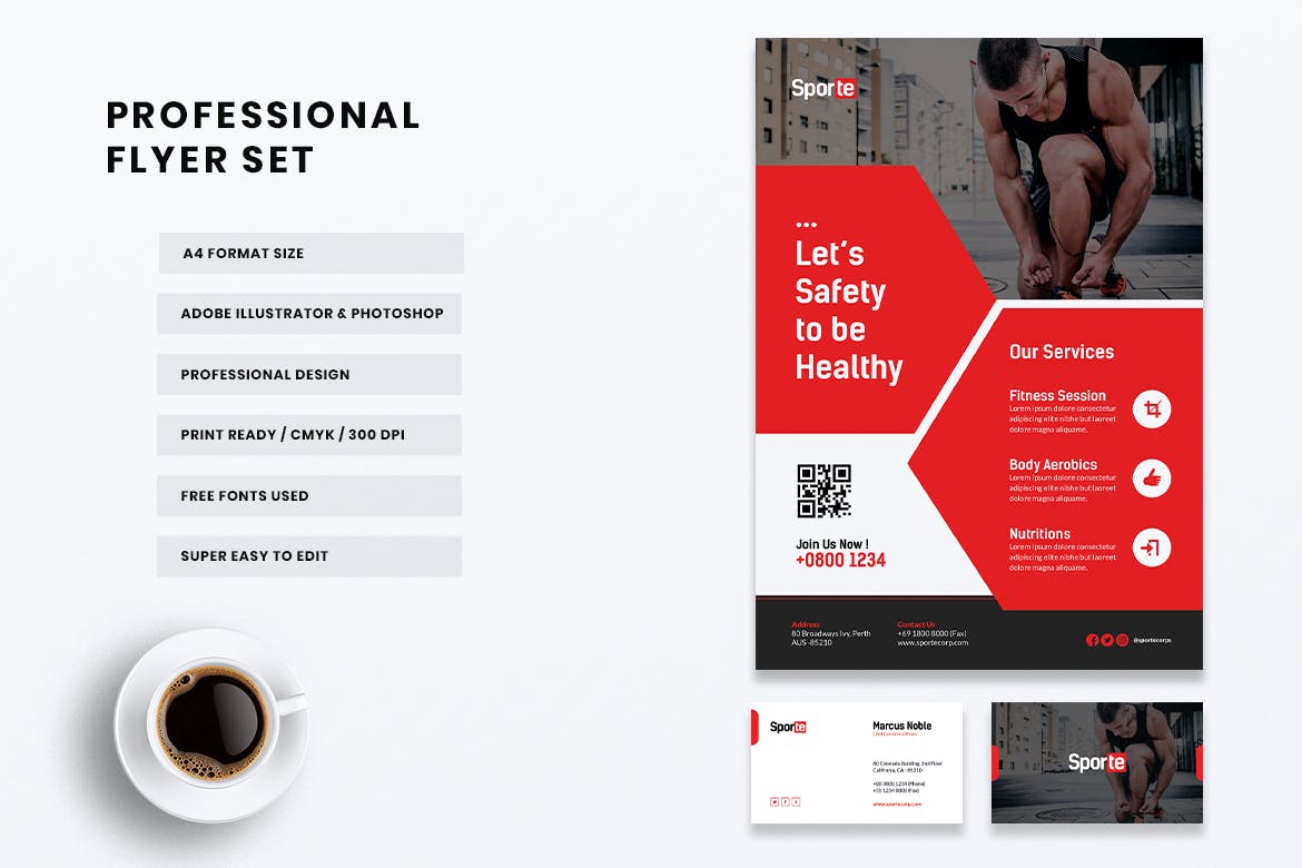 健身体育运动俱乐部传单&名片设计模板 SPORTE Sport Fitness & Gym Flyer & Business Card插图(3)