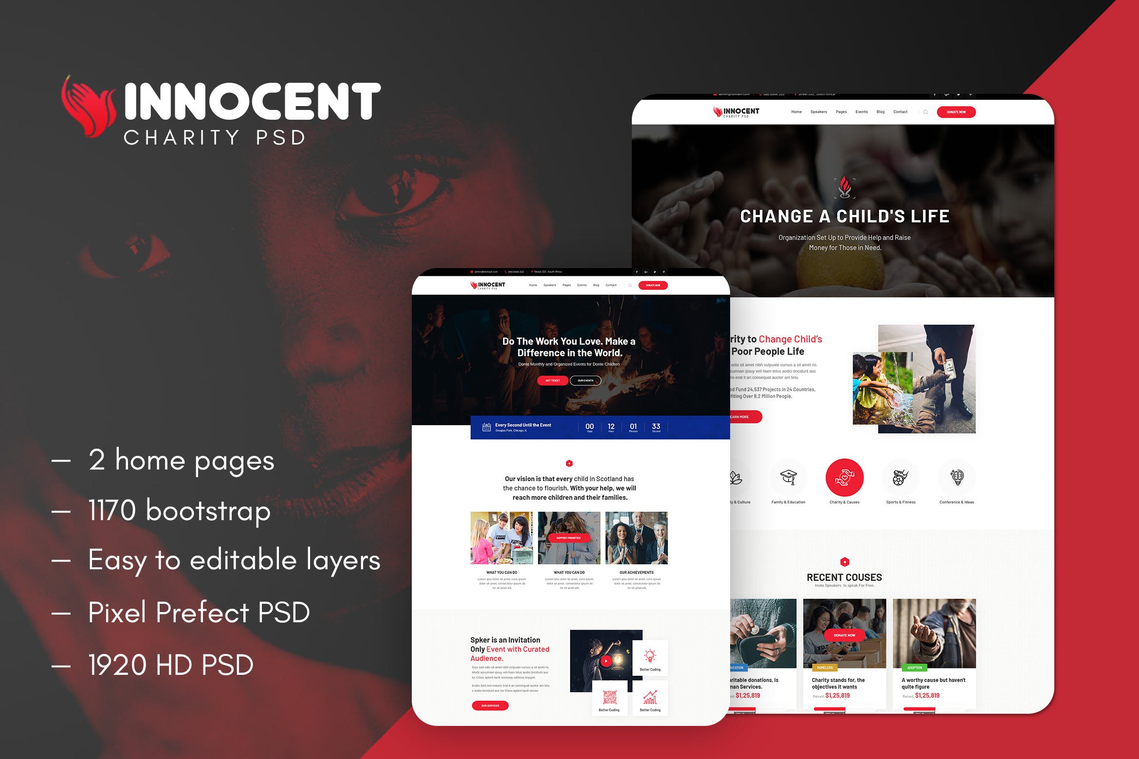 非营利慈善机构官网网站设计PSD模板 Innocent – Nonprofits Charity PSD Template插图