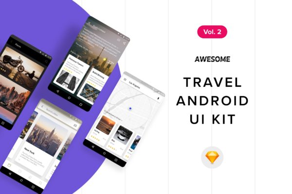 安卓平台旅游APP应用用户交互界面设计SKETCH模板v2 Android UI Kit – Travel Vol. 2 (Sketch)