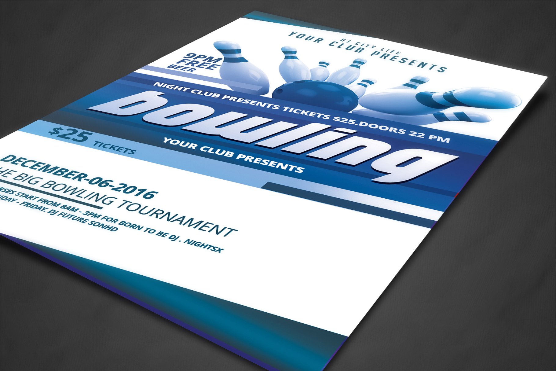 保龄球俱乐部宣传广告海报模板 Bowling Tournament Flyer插图(1)