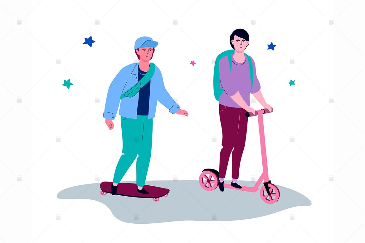 现代滑板&便捷电动车-扁平设计风格矢量插画素材库精选素材 Urban vehicles – flat design style illustration插图