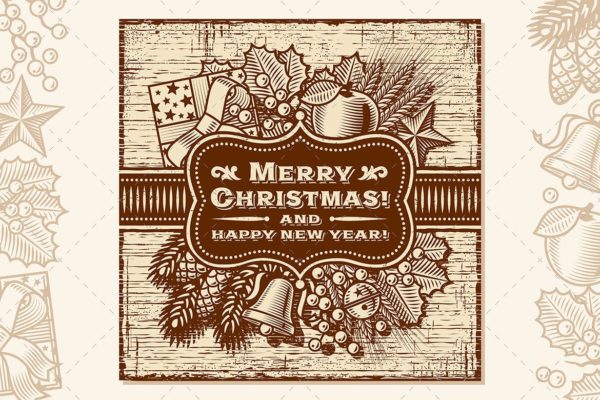 复古棕色圣诞快乐贺卡矢量设计模板 Merry Christmas Retro Card Brown