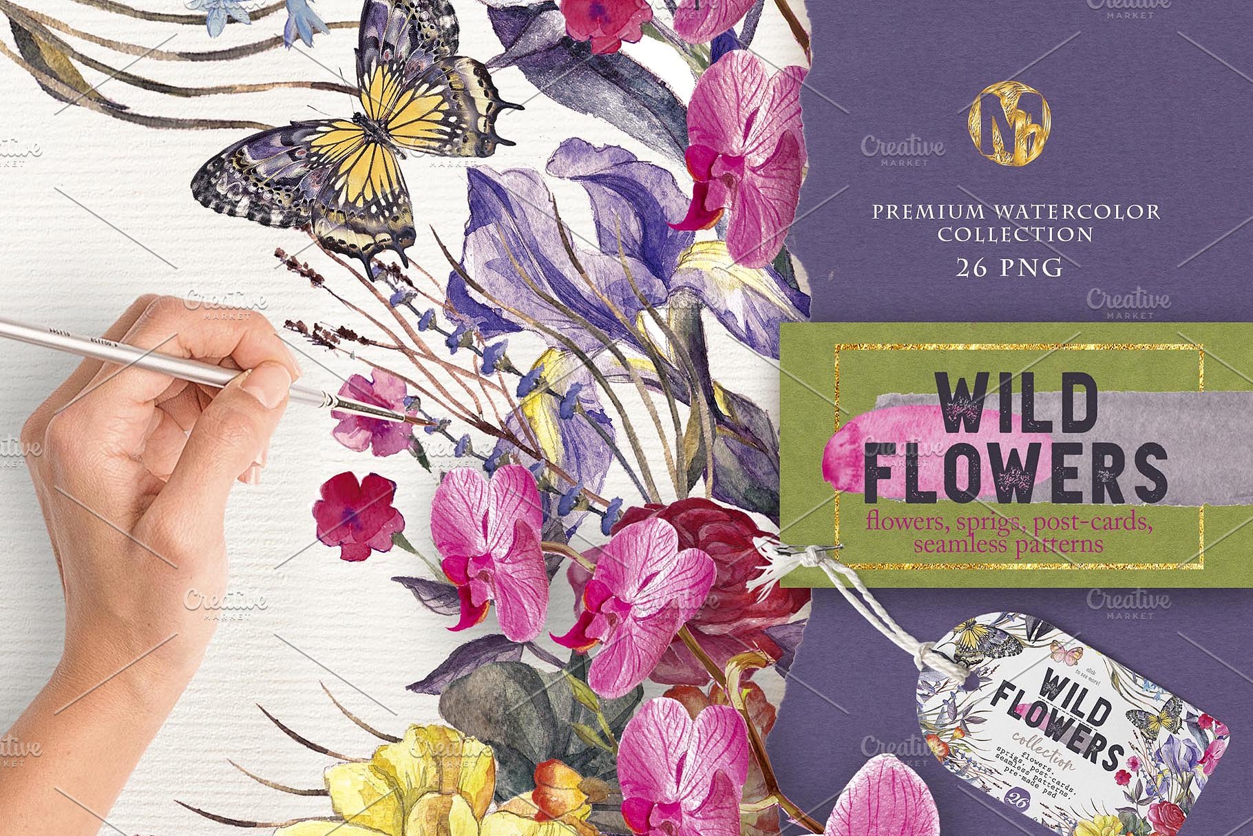 极力推荐:水彩设计素材合集(花草/花环/花束/树叶元素,明信片模板&无缝图案) Wildflowers vol.3插图