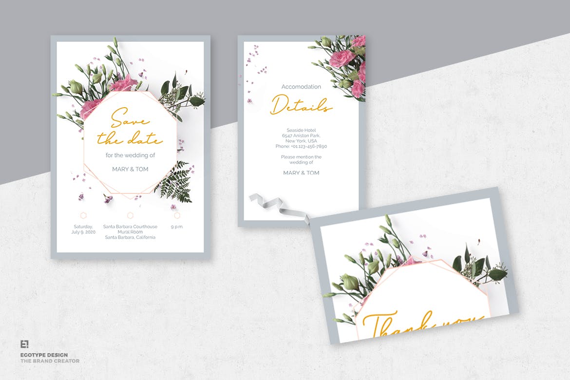 花卉装饰艺术风格婚礼邀请设计套件 Wedding Invitation Set插图(2)