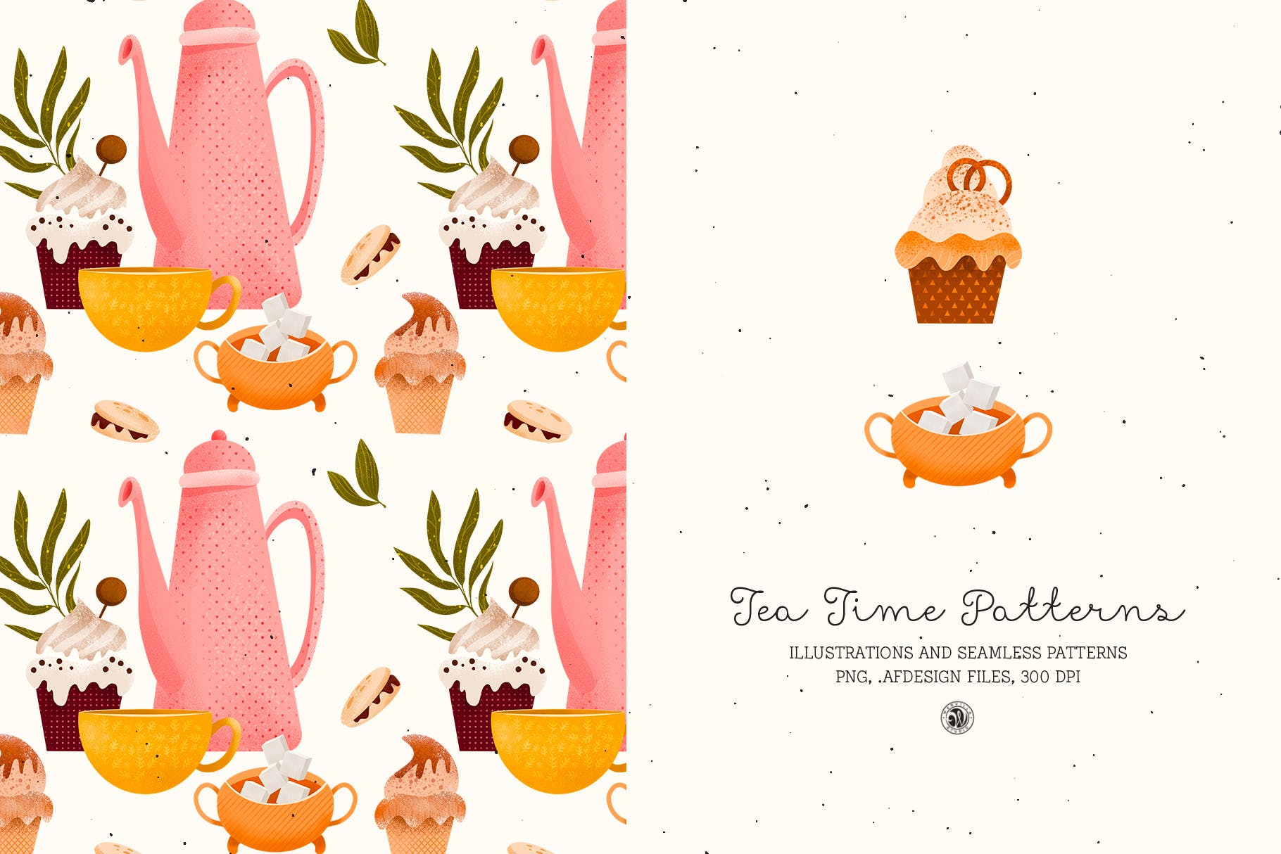 下午茶时光主题点心甜点手绘图案无缝背景素材 Tea Time Patterns插图(2)