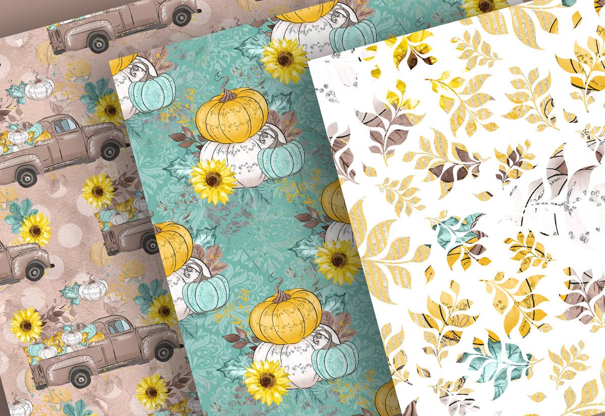 感恩节节日主题手绘南瓜卡车数码纸张图案素材 Thanksgiving car digital paper pack插图(3)