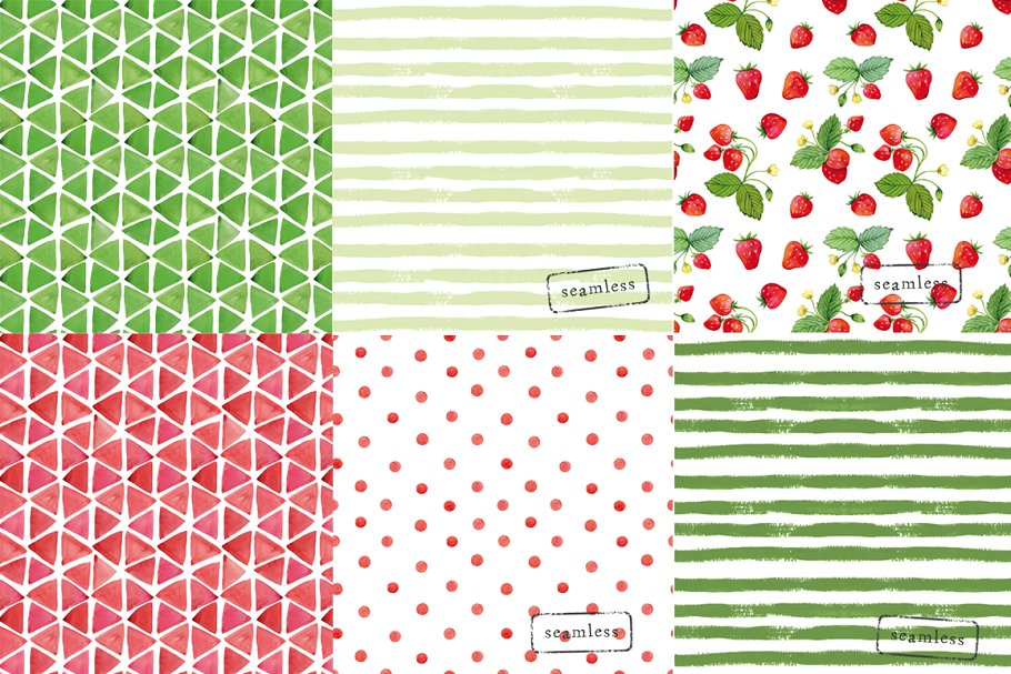 红色系水彩纸张图案纹理(手绘条纹,草莓,树叶和圆点等) Watercolor background插图(2)