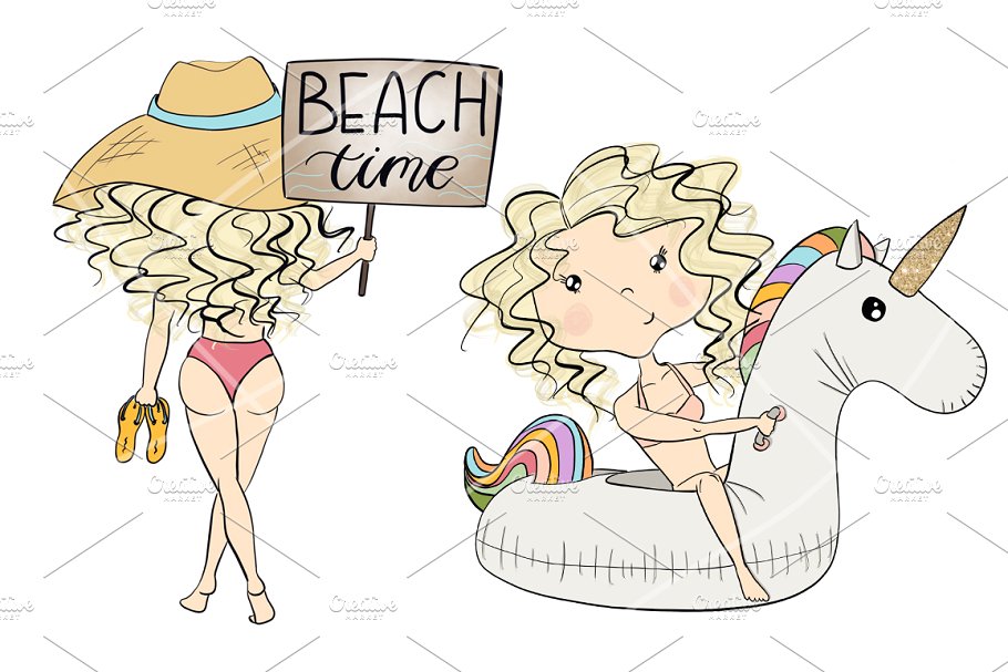 4组夏日少女剪贴画 Collection of 4 Sets Girls Summer插图(7)