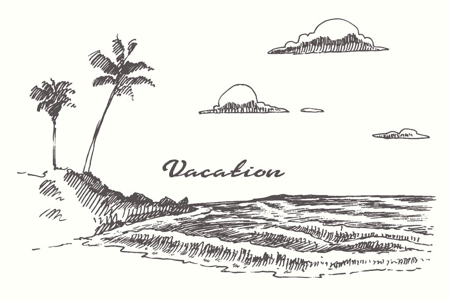 海边日落素描矢量图形 Set of sketches of seaside views插图