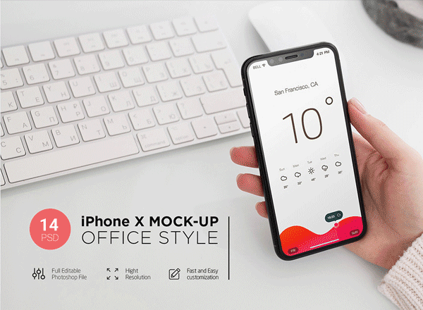 完美的iPhone X办公室场景的APP设计展示模型（Mockups）下载[PSD]