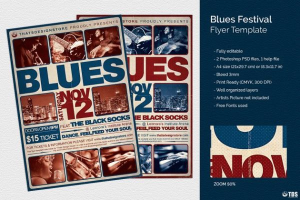 布鲁斯蓝调音乐节传单PSD模板 V2 Blues Festival Flyer PSD V2