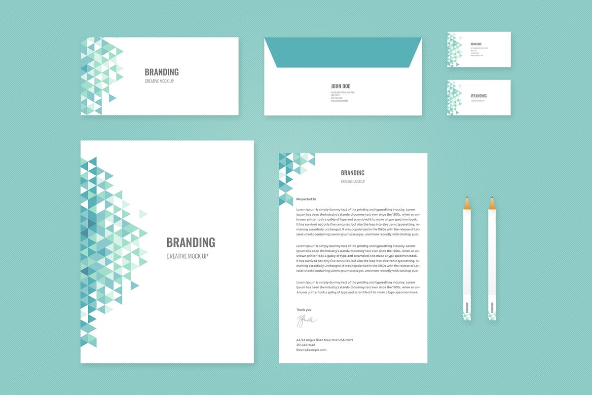 企业品牌办公用品样机模板 Branding Identity Mock Up – Teal Tirangles插图