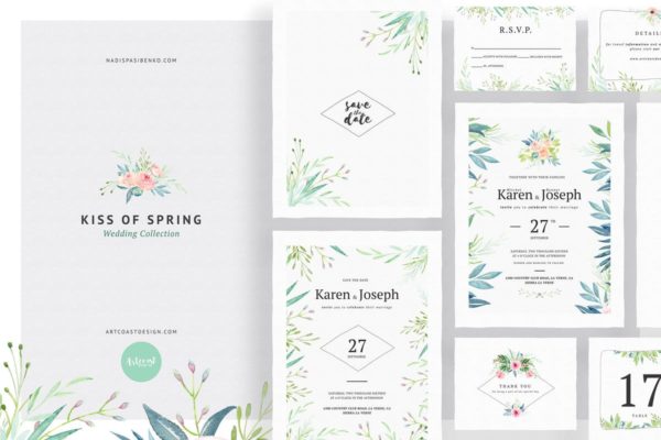 春天水彩植物插画婚礼邀请函设计套装 Kiss Of Spring Wedding Collection