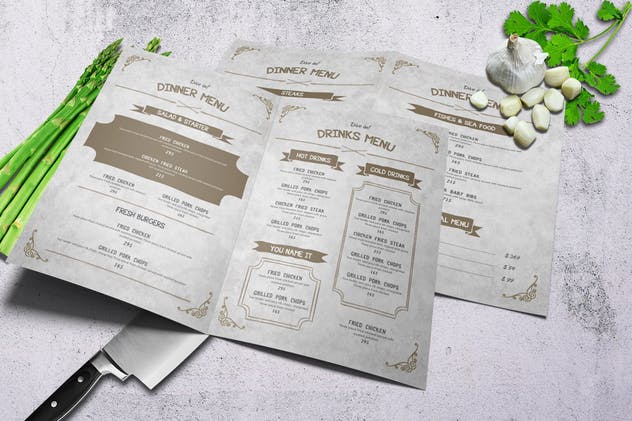 A4规格对折复古风格菜单食谱模板 A4 Bifold Vintage Wild Food Menu插图(1)