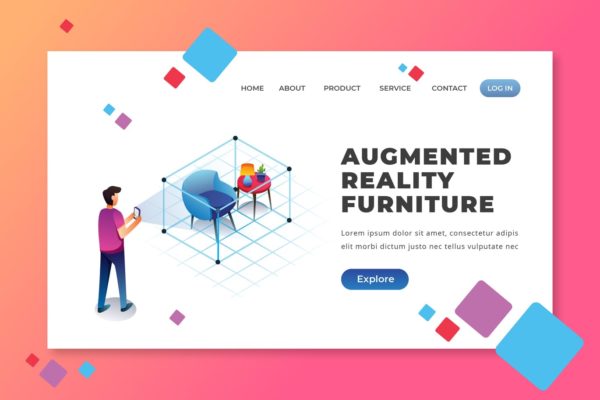 增强现实家具定制服务商网站着陆页设计PSD&amp;AI模板 Augmented Reality Furniture – PSD AI Landing Page