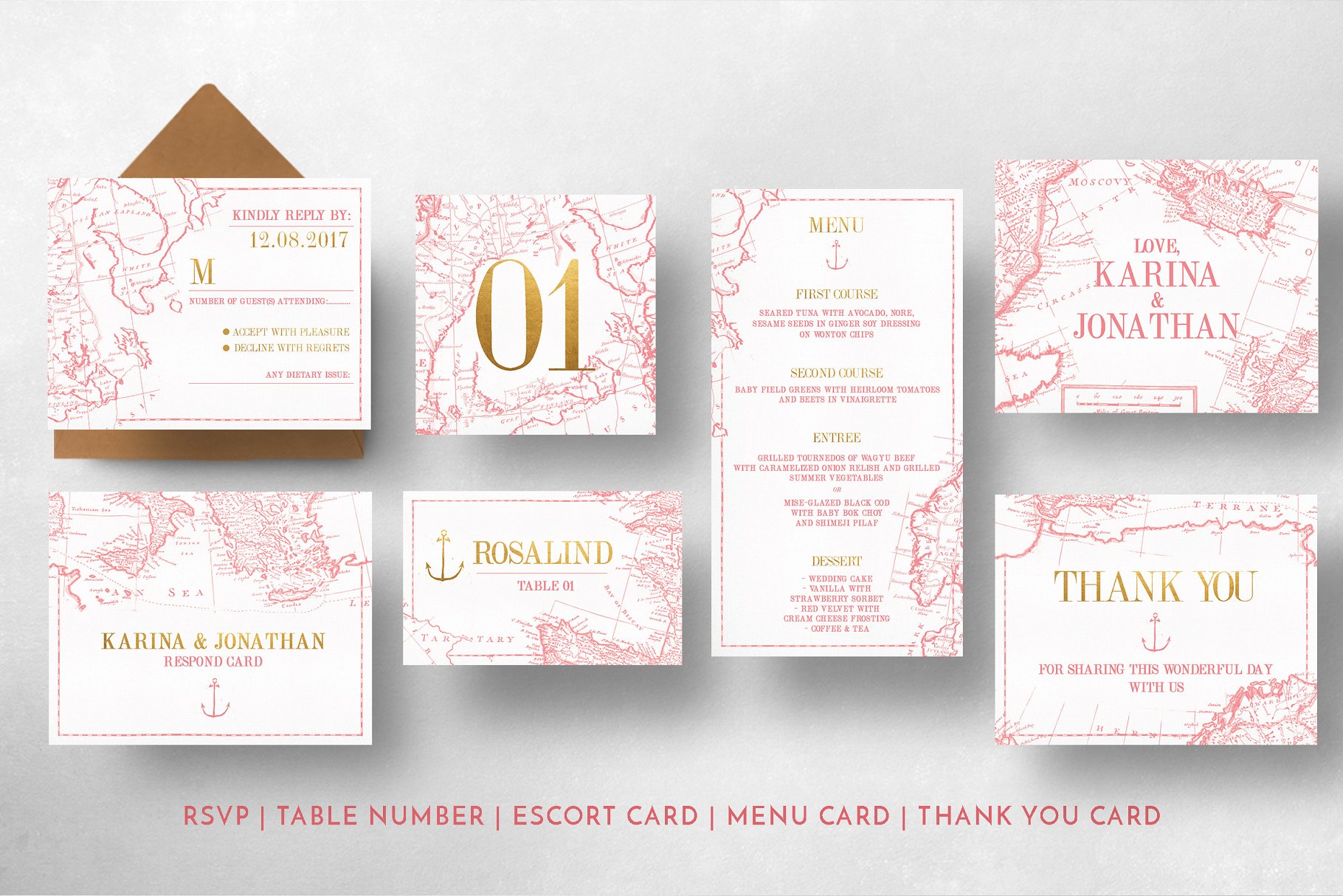 复古地图背景婚礼物料设计模板 Vintage Map Wedding Suite插图(7)