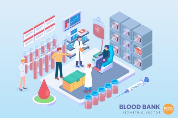 现代血库存储技术主题等距矢量素材库精选科技概念插画 Isometric Blood Bank Vector Concept